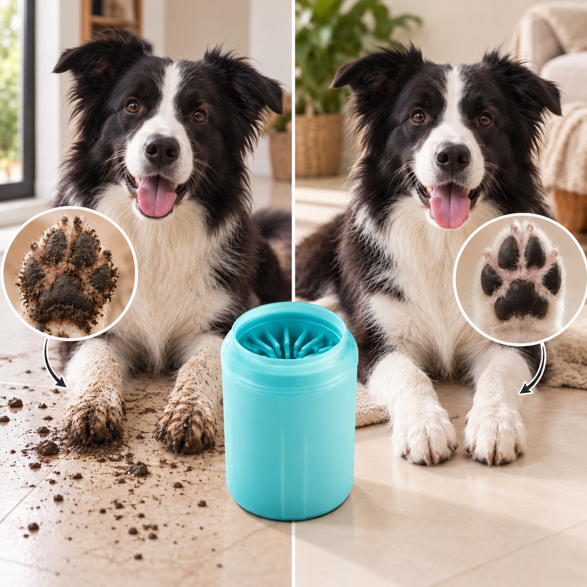 Pattes de chien boueuses puis propres avec le nettoyeur de pattes Truffe & Co