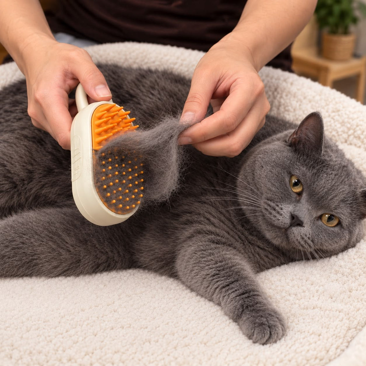 Brossage d'un chat gris avec la Brosse Vapeur, poils morts retirés
