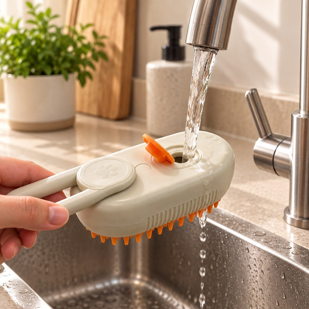 Remplissage du réservoir d'eau de la Brosse Vapeur sous le robinet