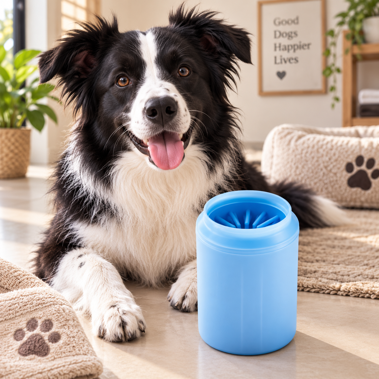 Cane a casa con il pulisci-zampe Truffe & Co blu