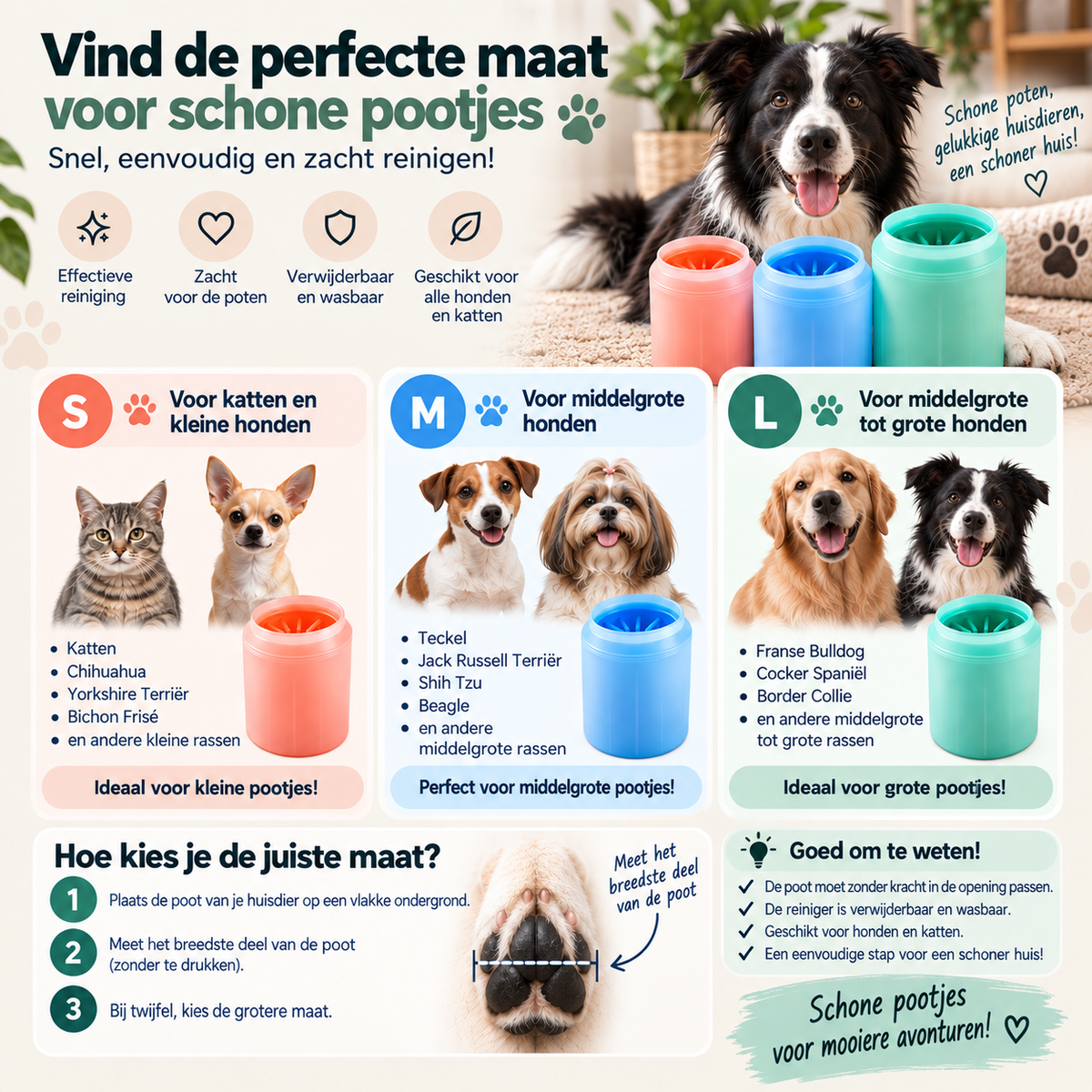 Maattabel: welke maat pootjesreiniger voor je hond