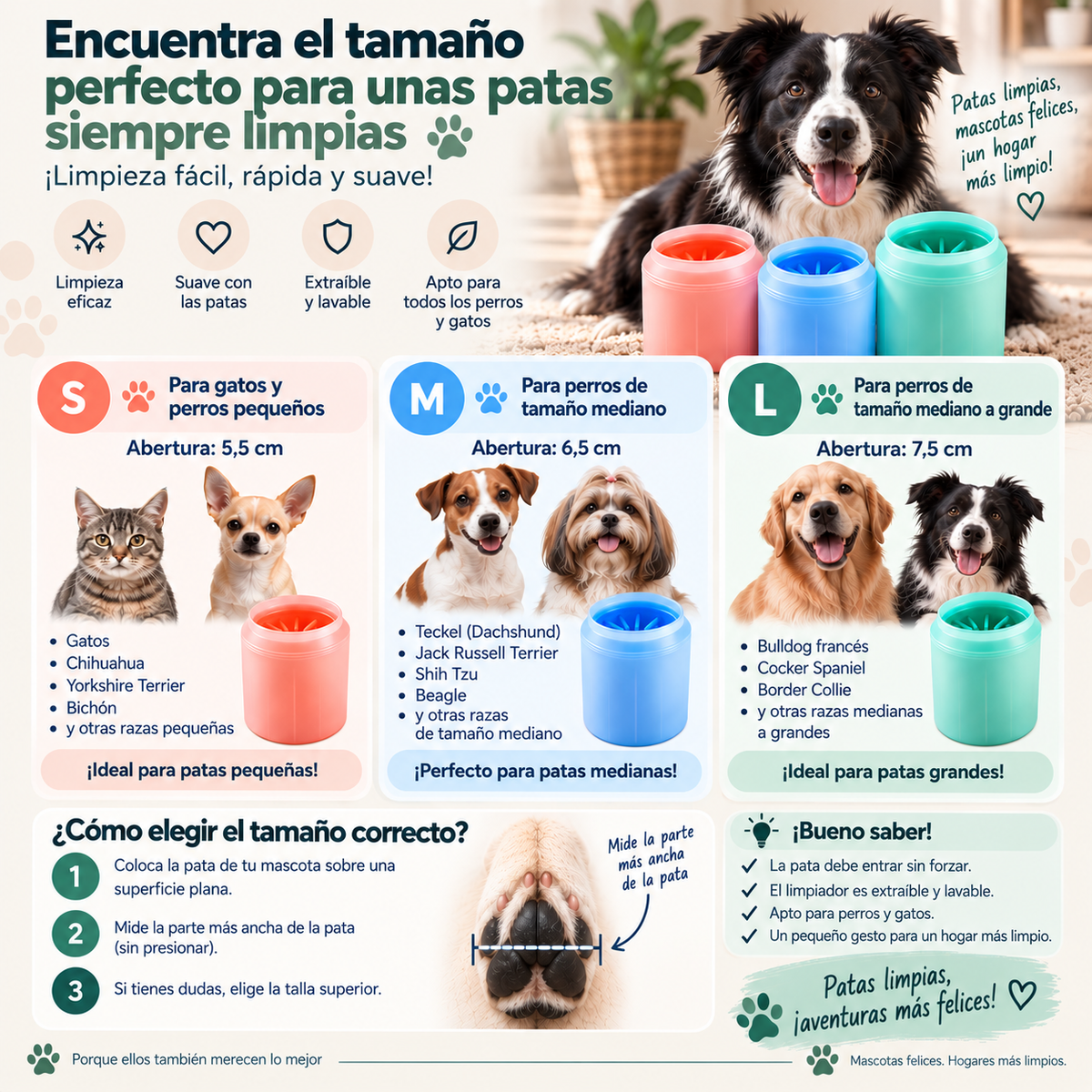 Guía de tallas: qué limpiador de patas para tu perro