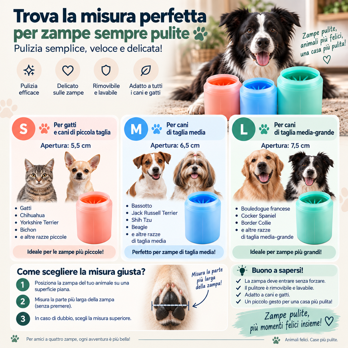 Guida alle taglie: quale pulisci-zampe per il tuo cane