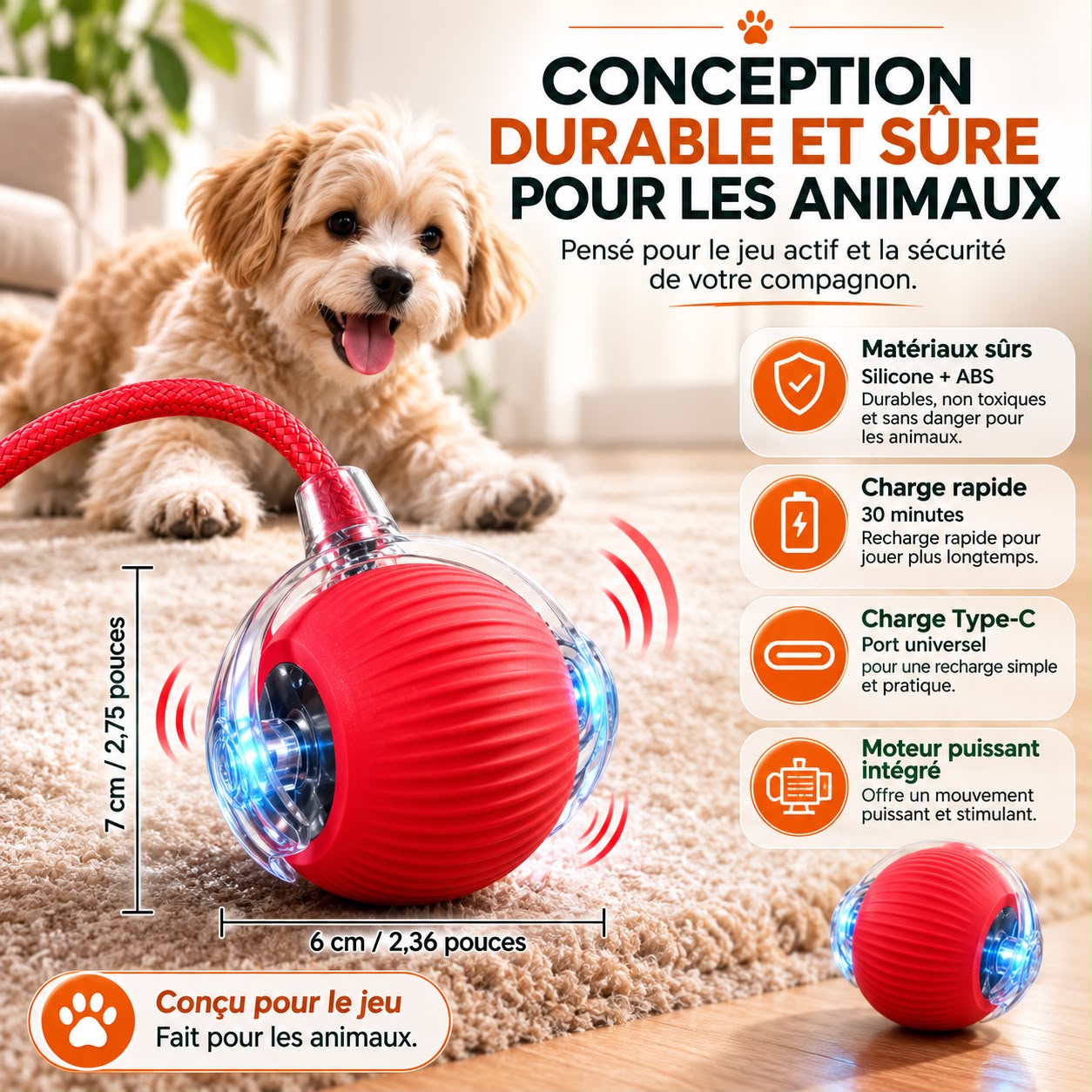 Balle Interactive Automatique 🐾 Jouet Intelligent Rechargeable pour Chat & Petit Chien