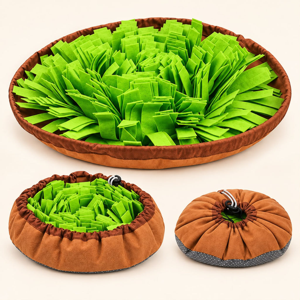 Alfombra olfativa Truffe & Co verde y marrón, abierta y luego cerrada con su cordón