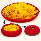 Alfombra olfativa Truffe & Co amarillo y rojo, abierta y luego cerrada con su cordón