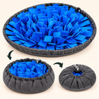 Alfombra olfativa Truffe & Co azul y gris, abierta y luego cerrada con su cordón