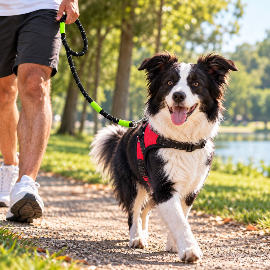 Hund beim Spaziergang im Park mit rotem Anti-Zug-Geschirr und Leine