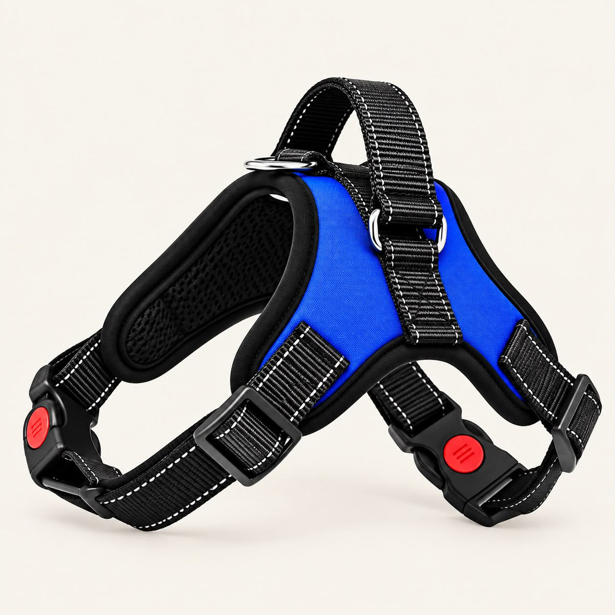 Blue no-pull dog harness with back handle and reflective strips