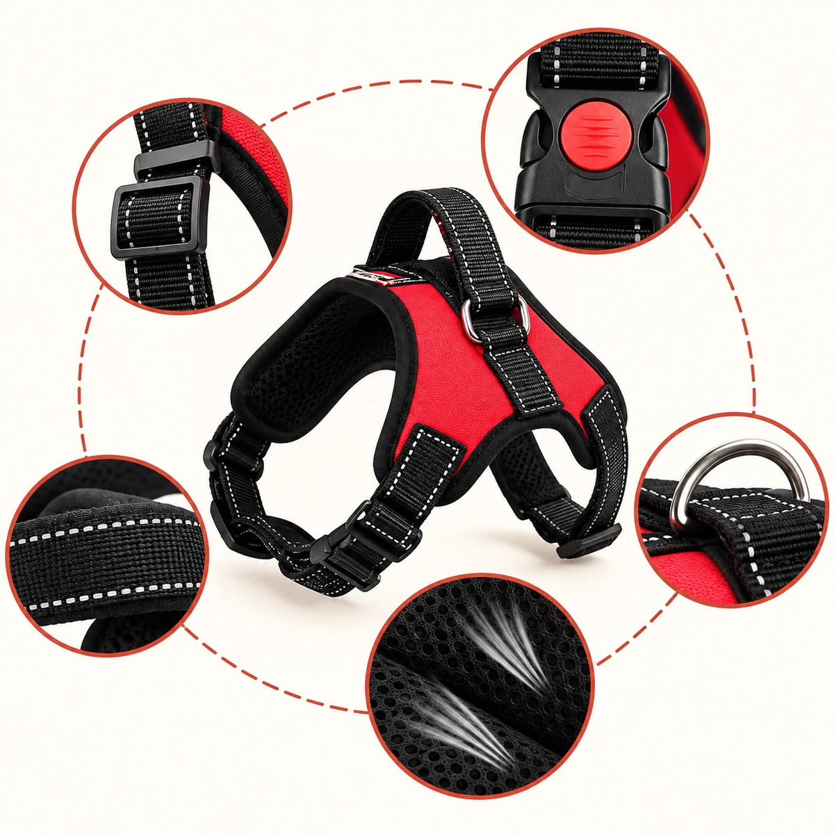 Harness details: quick-release clip, adjustable buckles, metal ring, breathable padding