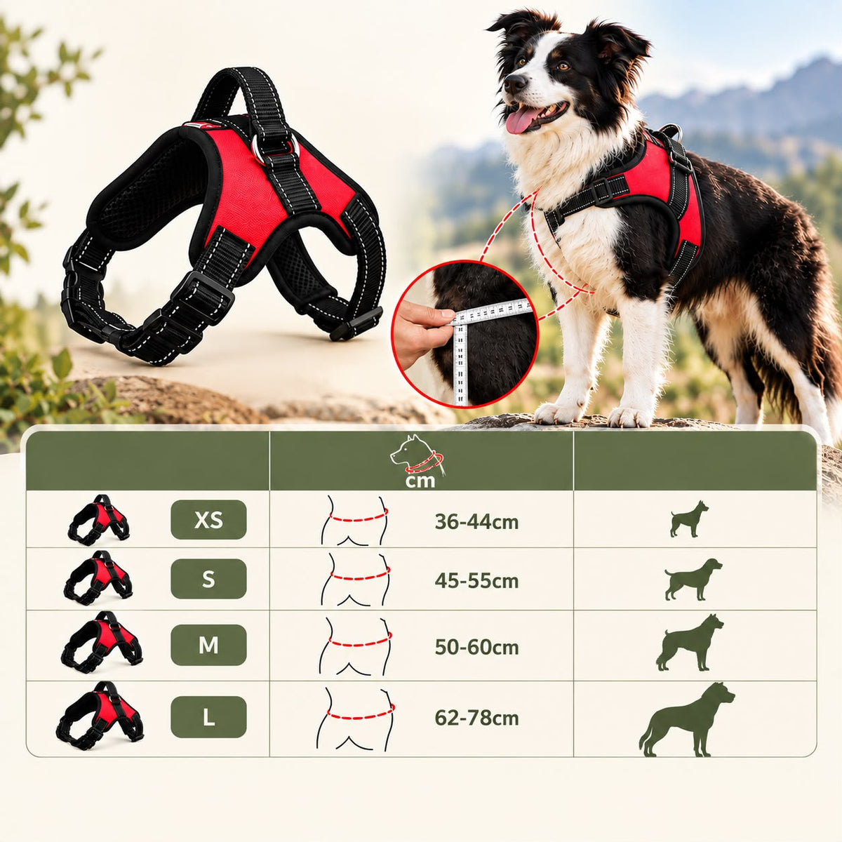 Größentabelle des Geschirrs: Brustumfang XS 36-44 cm, S 45-55 cm, M 50-60 cm, L 62-78 cm