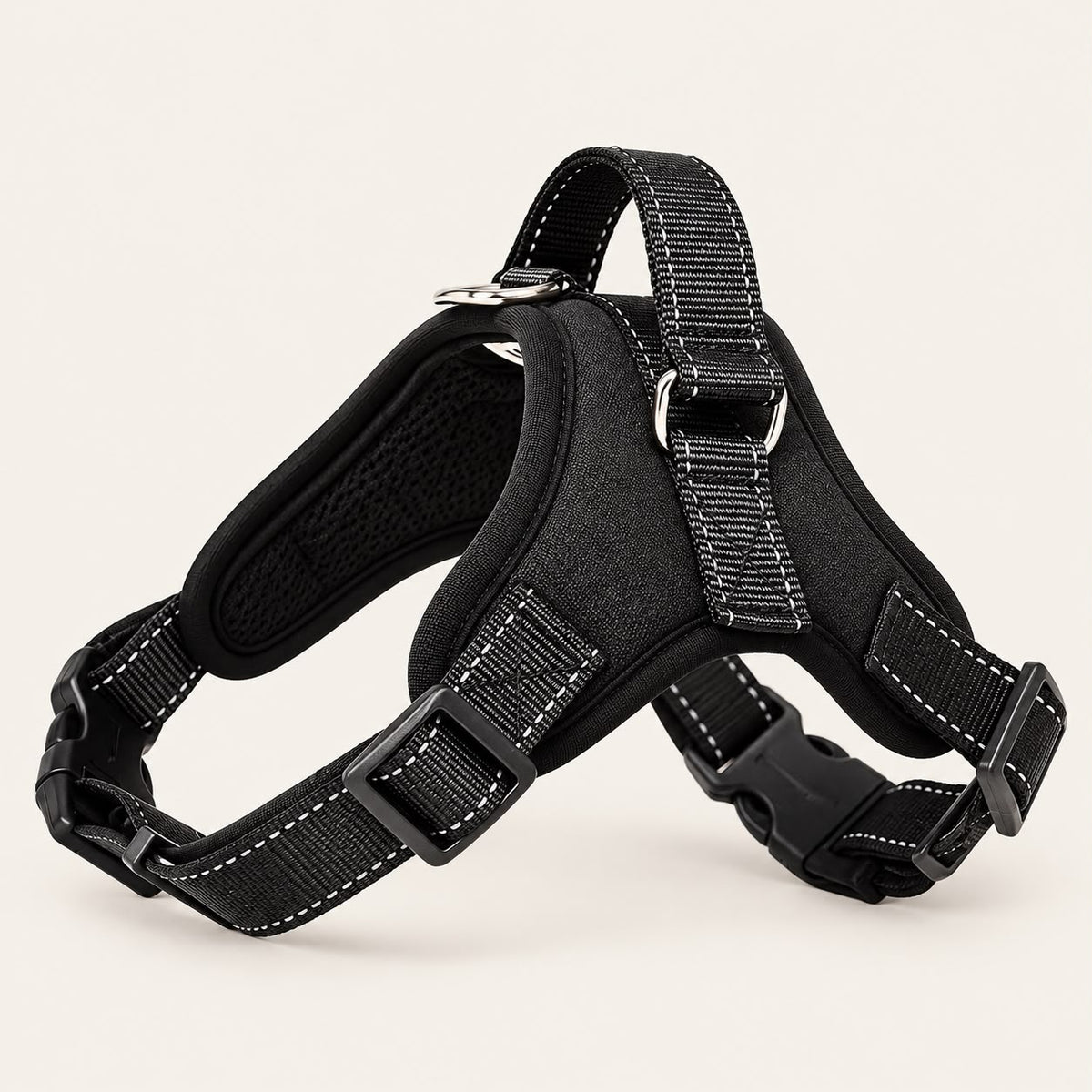 Black no-pull dog harness with back handle and reflective strips