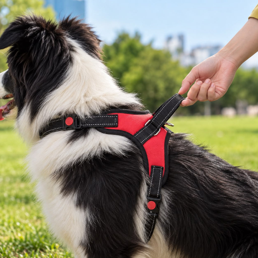 Hand hält den Rückengriff des Anti-Zug-Geschirrs an einem Hund