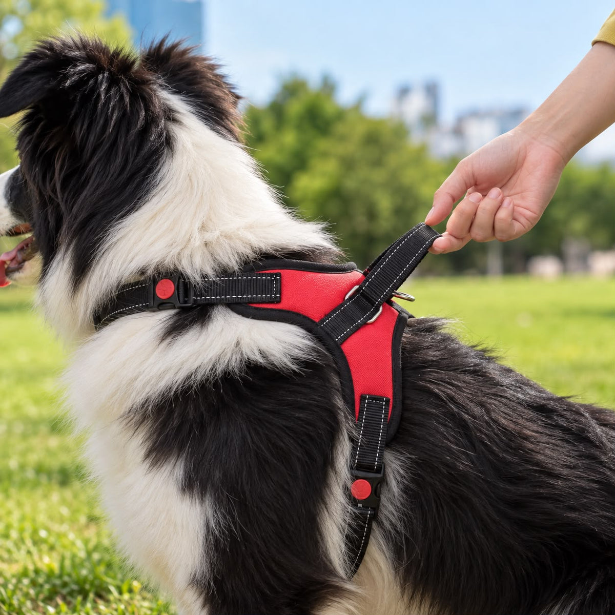 Hand holding the back handle of the no-pull harness on a dog