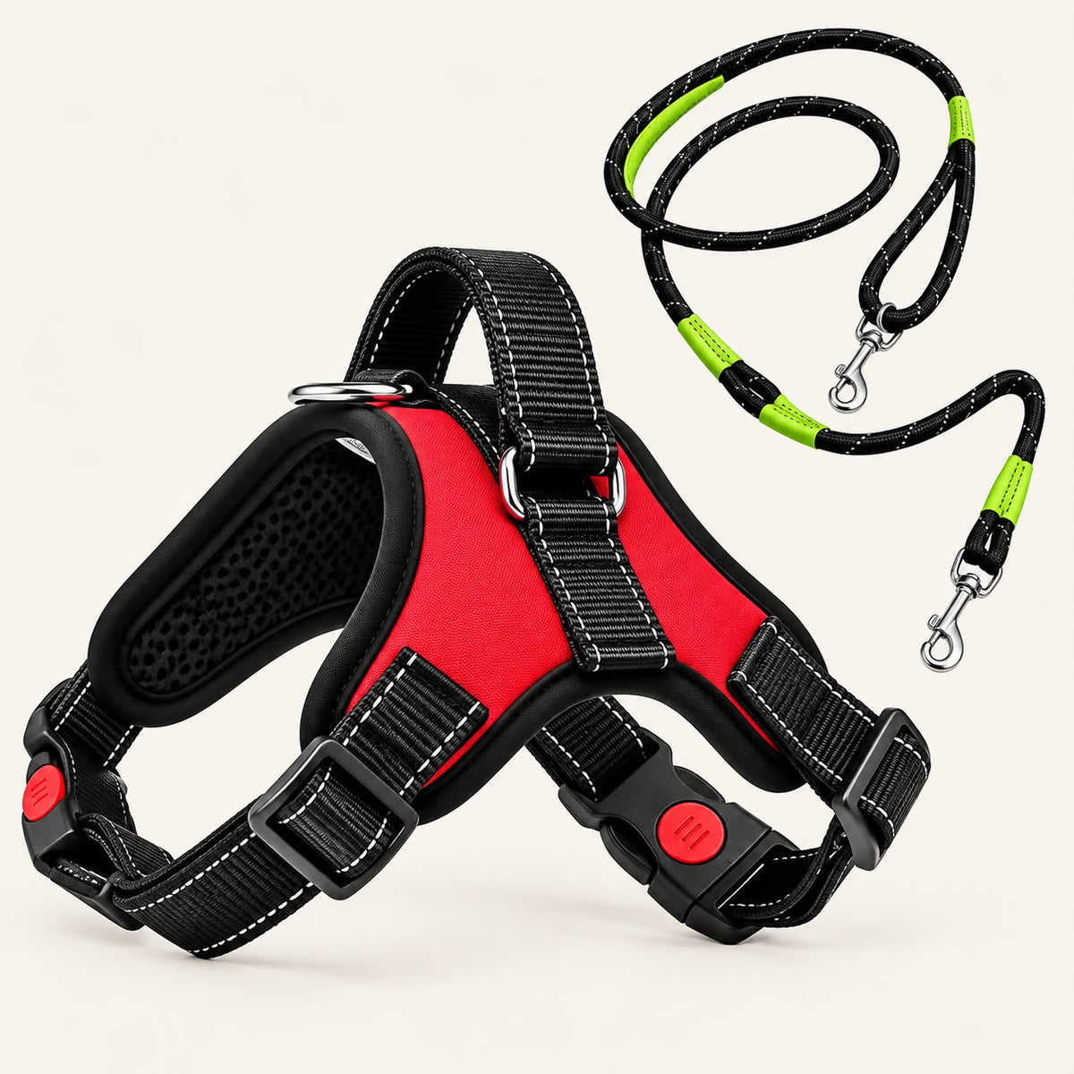 Red no-pull harness and matching lead set for dogs