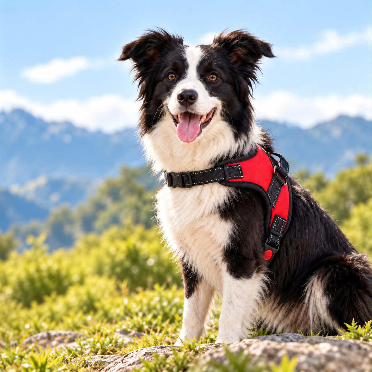 Border Collie sitzt in den Bergen und trägt das rote Anti-Zug-Geschirr von Truffe & Co
