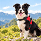 Border Collie sitzt in den Bergen und trägt das rote Anti-Zug-Geschirr von Truffe & Co