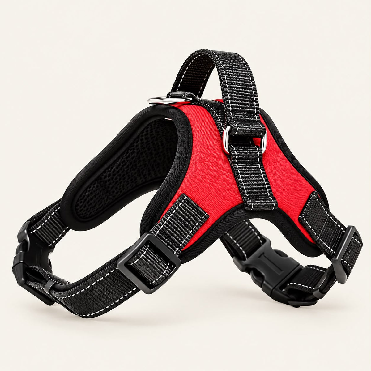 Red no-pull dog harness with back handle and reflective strips