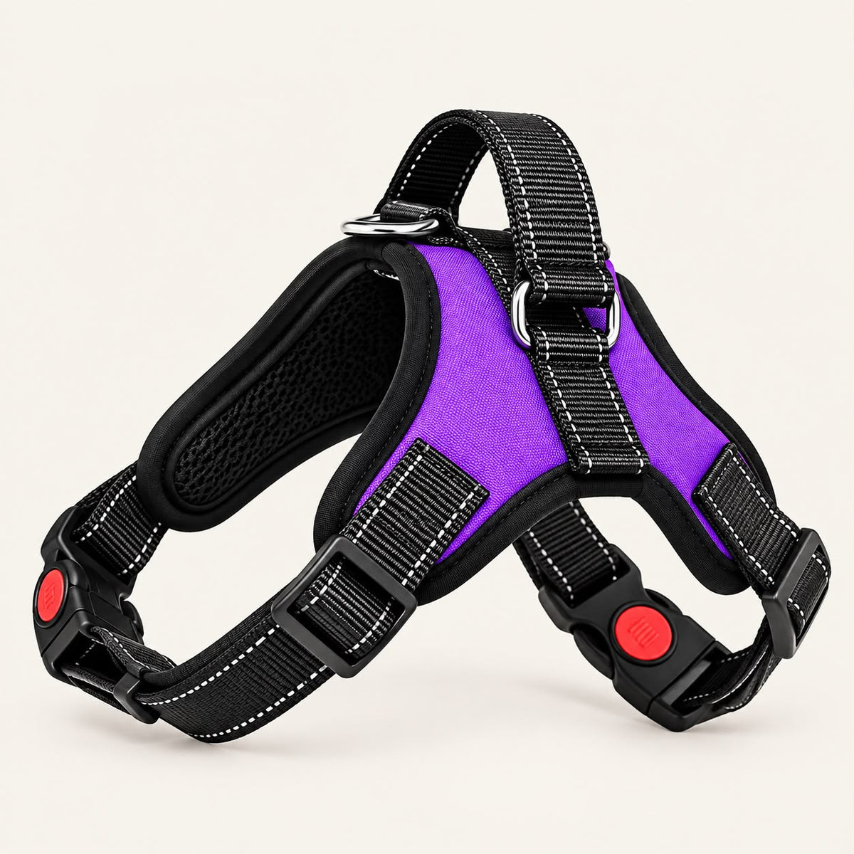 Purple no-pull dog harness with back handle and reflective strips