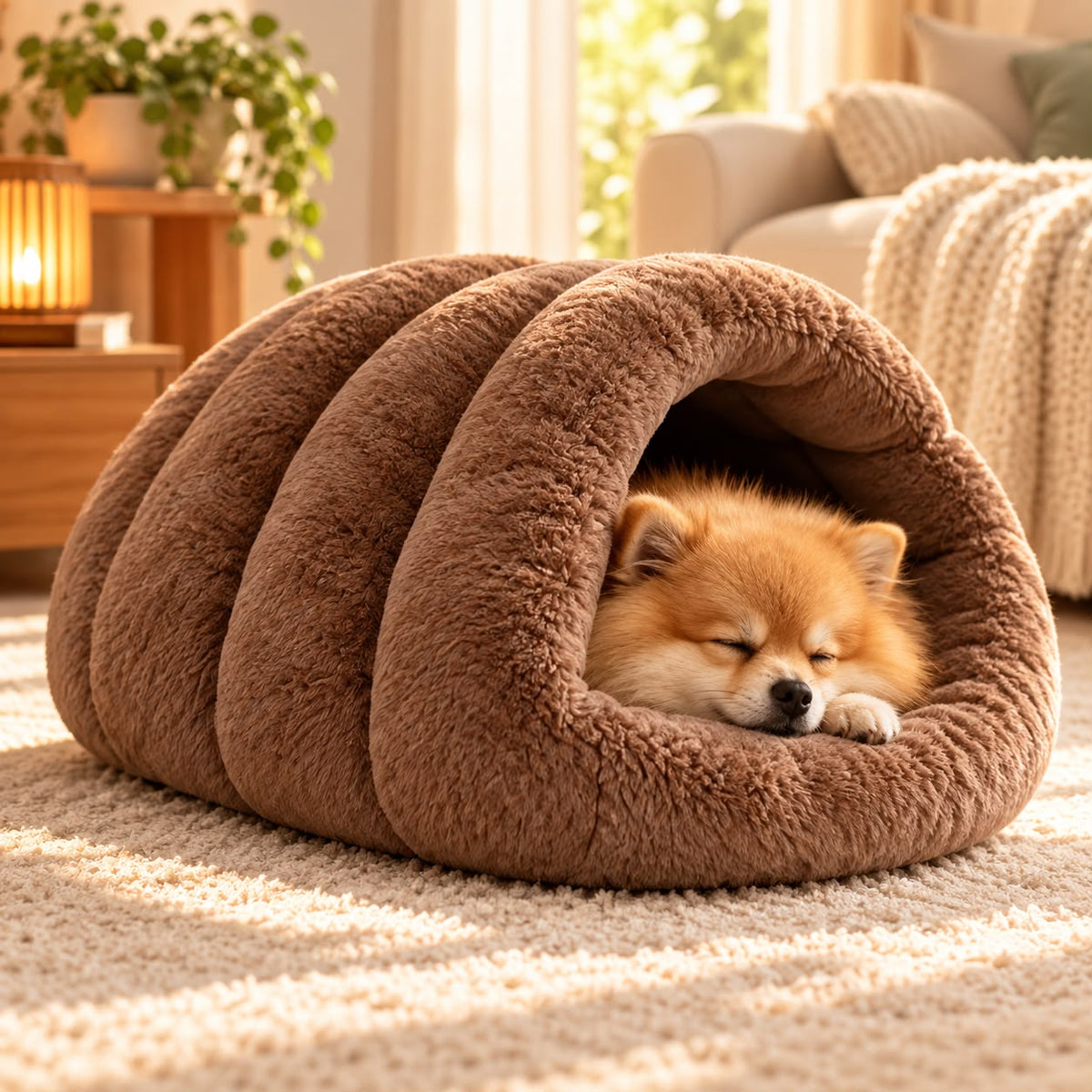 Small dog asleep in the brown Truffe & Co igloo bed