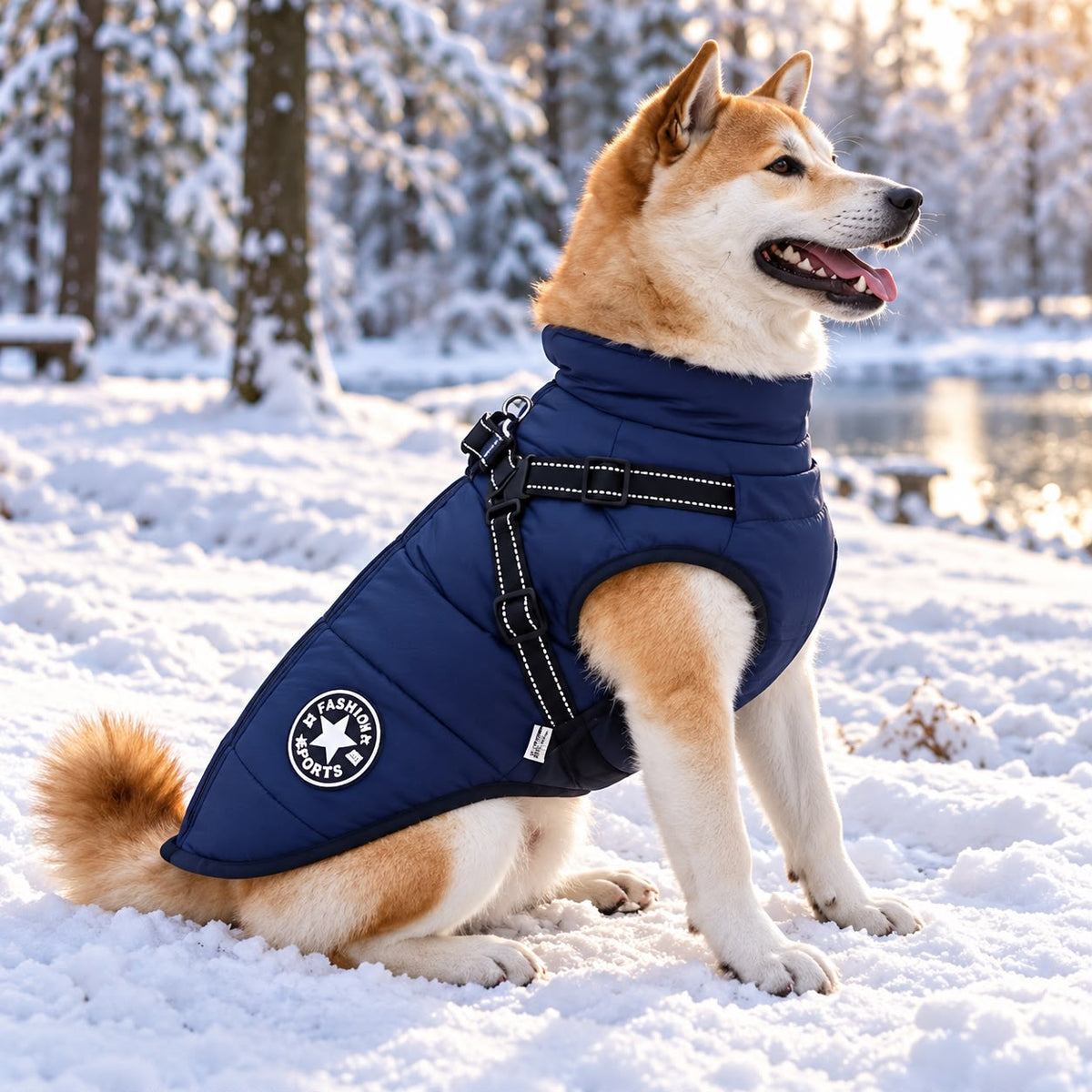 Shiba inu sentado en la nieve con el abrigo de invierno azul marino Truffe & Co