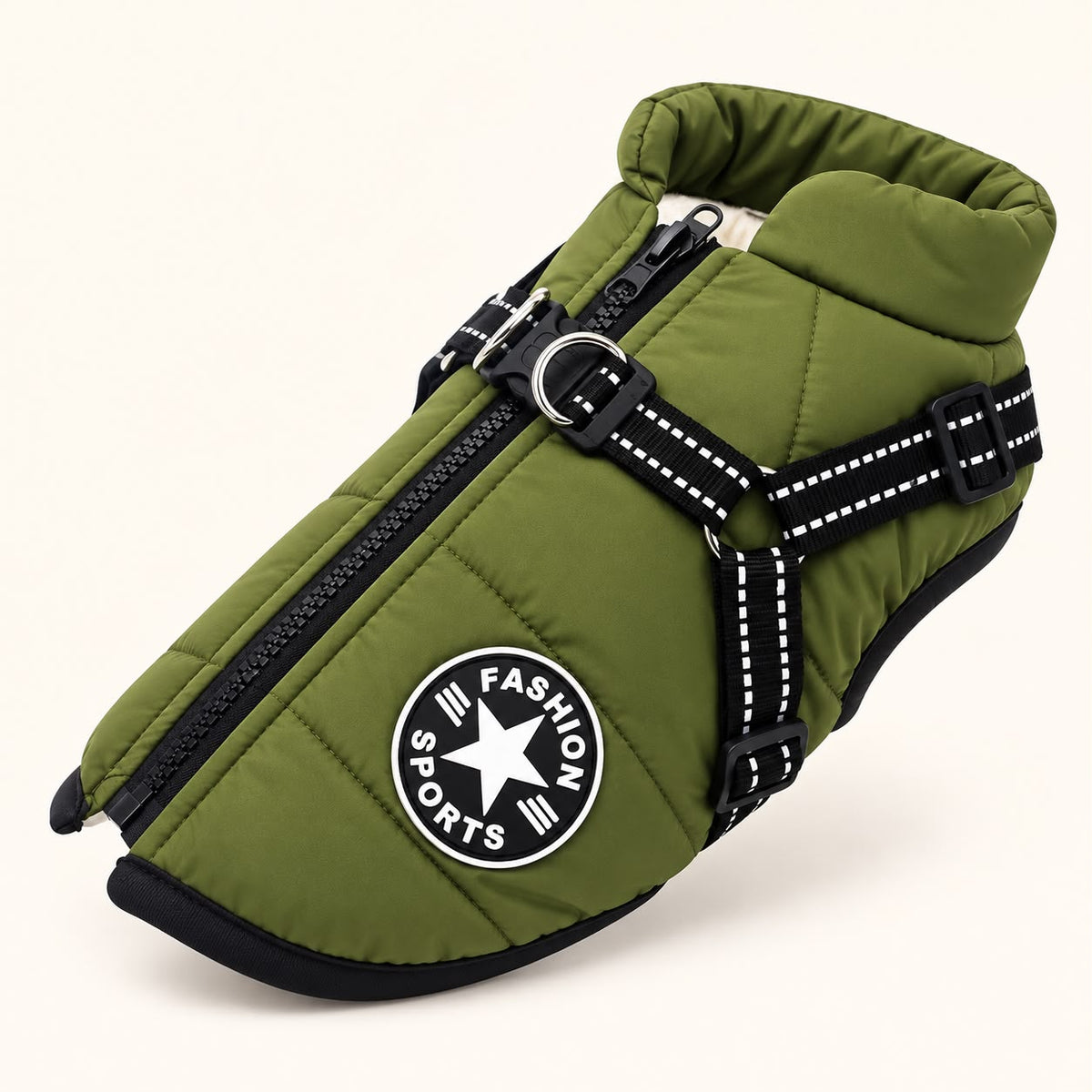Khaki green waterproof Truffe & Co winter coat with built-in harness, side view