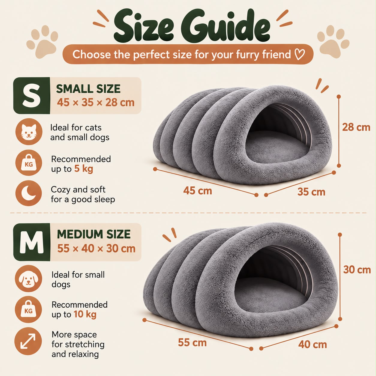 Truffe & Co igloo pet bed size guide