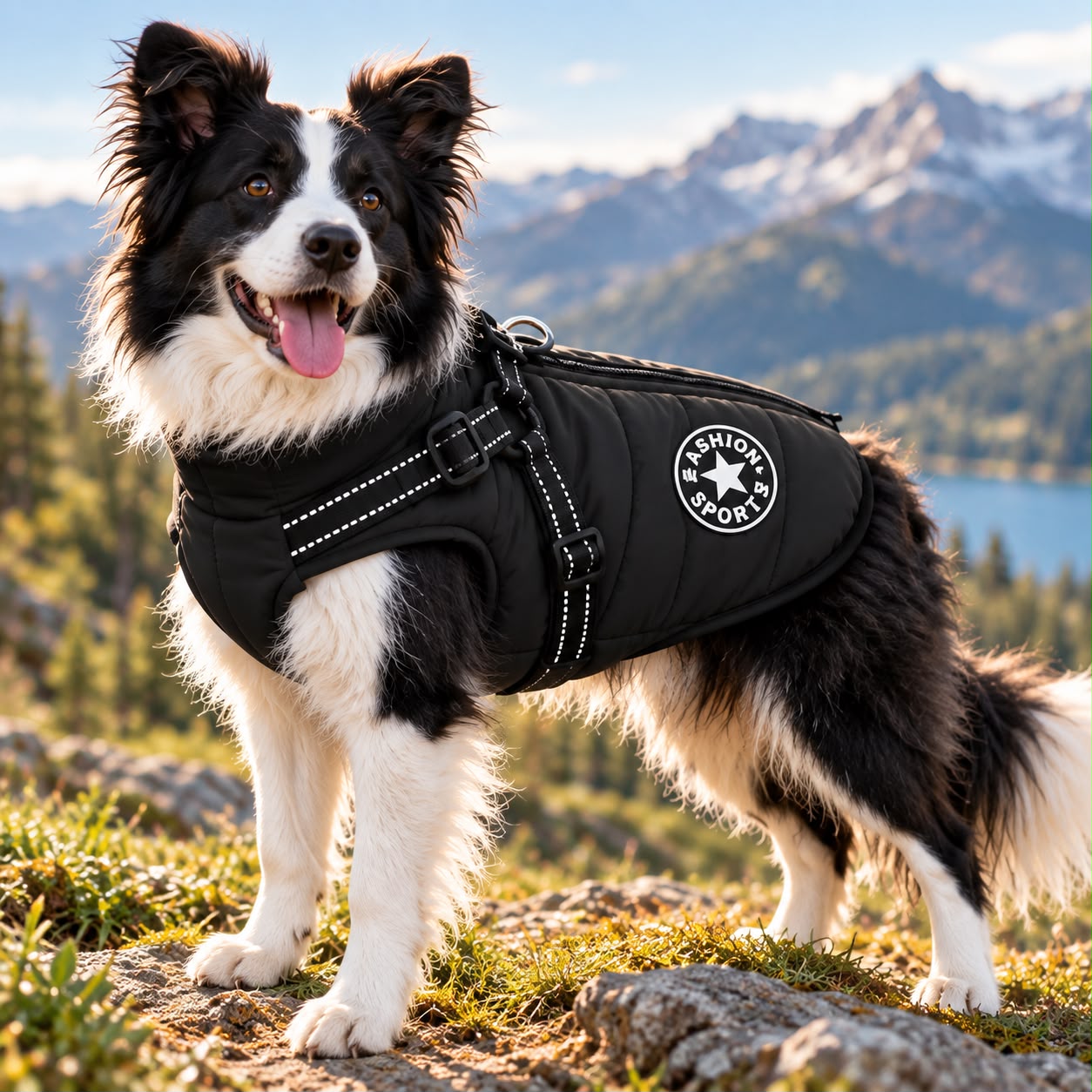 Border collie con el abrigo de invierno negro Truffe & Co en la montaña