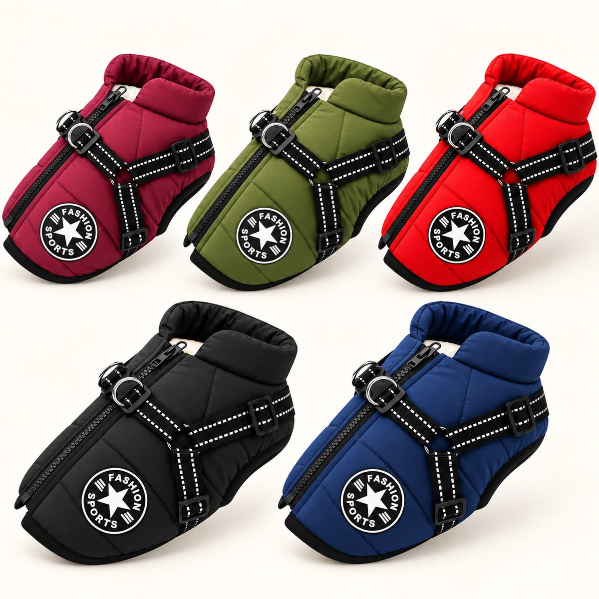 Truffe & Co winter dog coat — all five colours: burgundy, green, red, black and navy