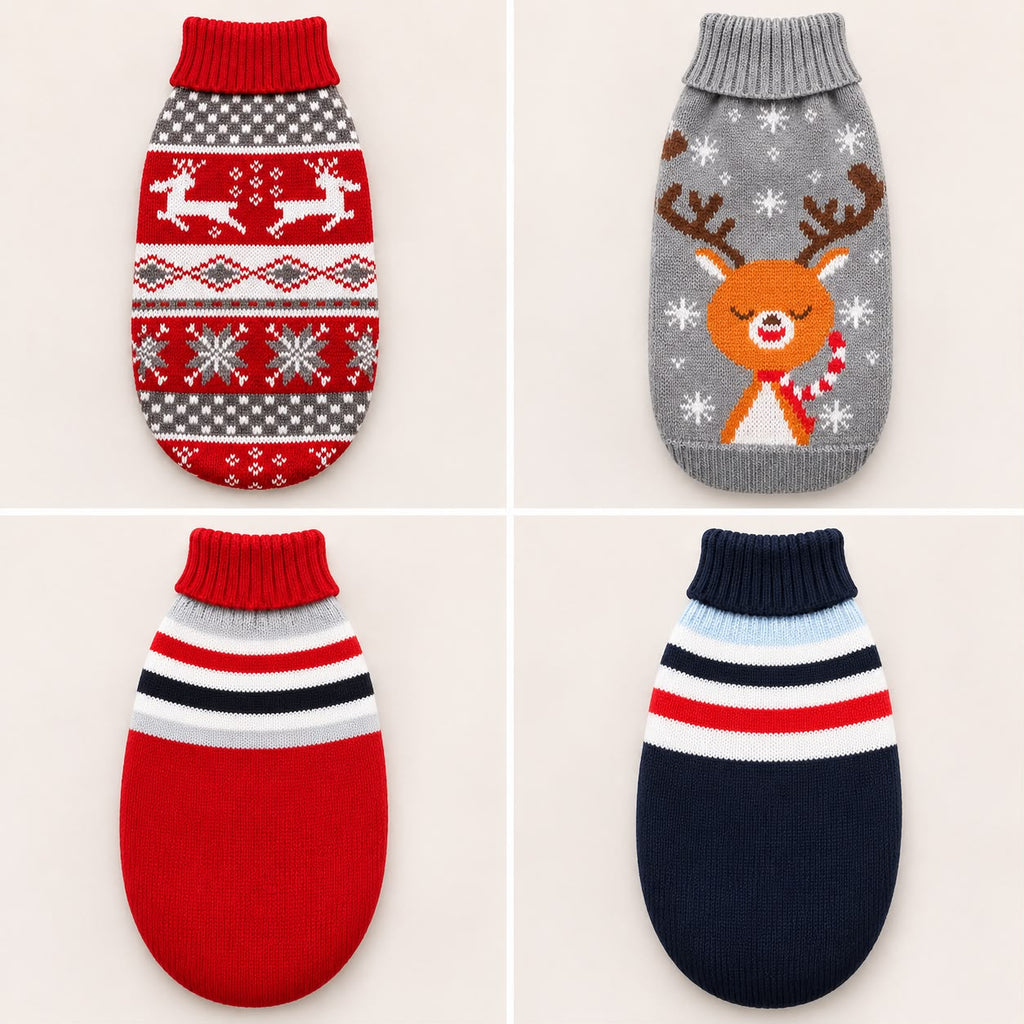 Les 4 modèles du pull pour chien : renne nordique rouge, renne gris, rayé rouge, rayé bleu marine