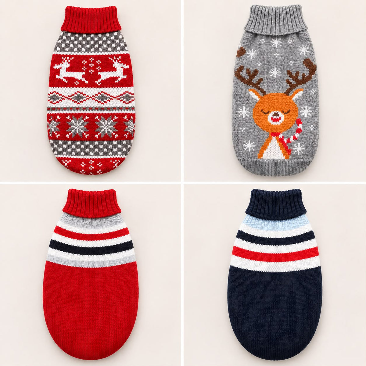 The 4 dog jumper designs: red Nordic reindeer, grey reindeer, red stripes, navy stripes