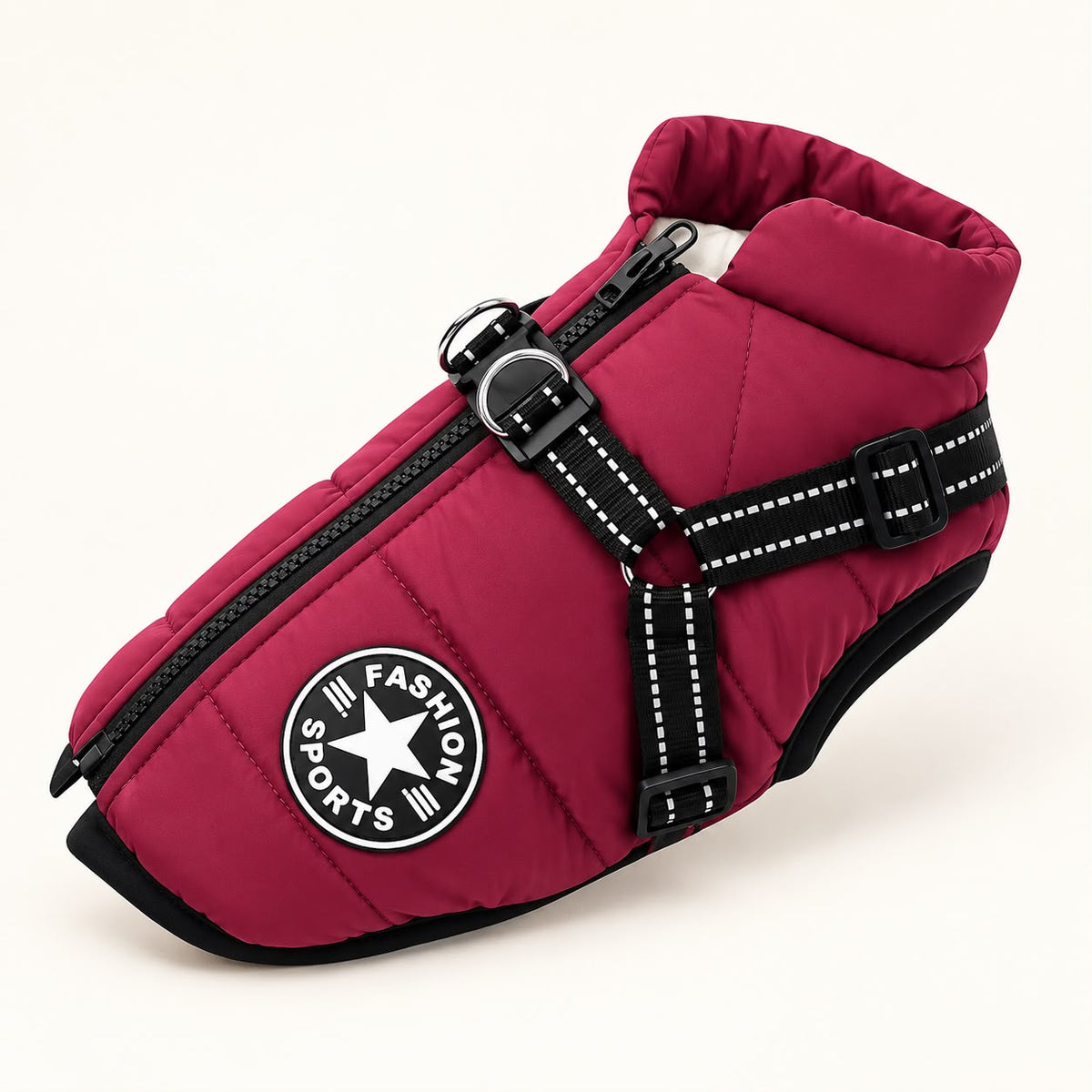 Burgundy waterproof Truffe & Co winter coat with built-in harness, side view