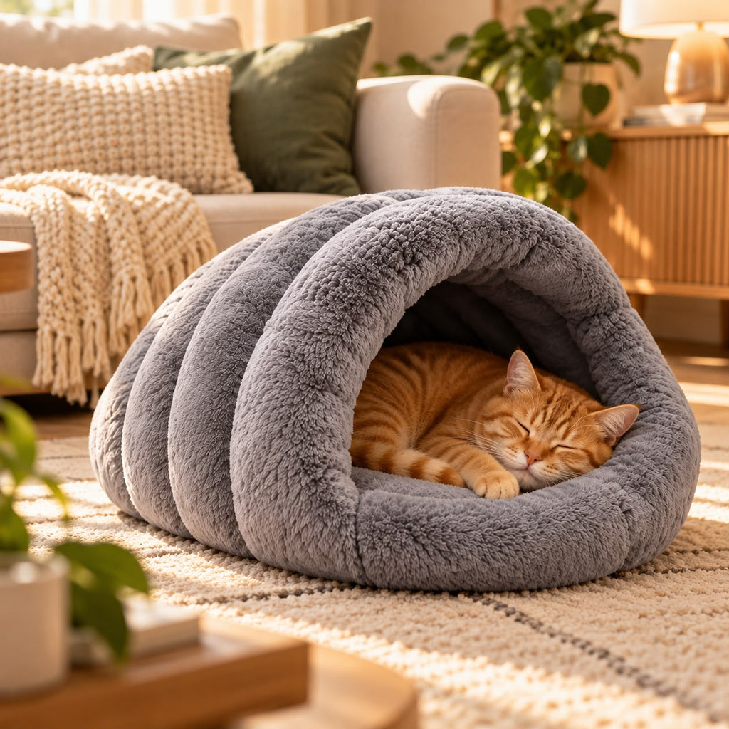 Rote Katze schläft im grauen Iglu-Bett von Truffe & Co