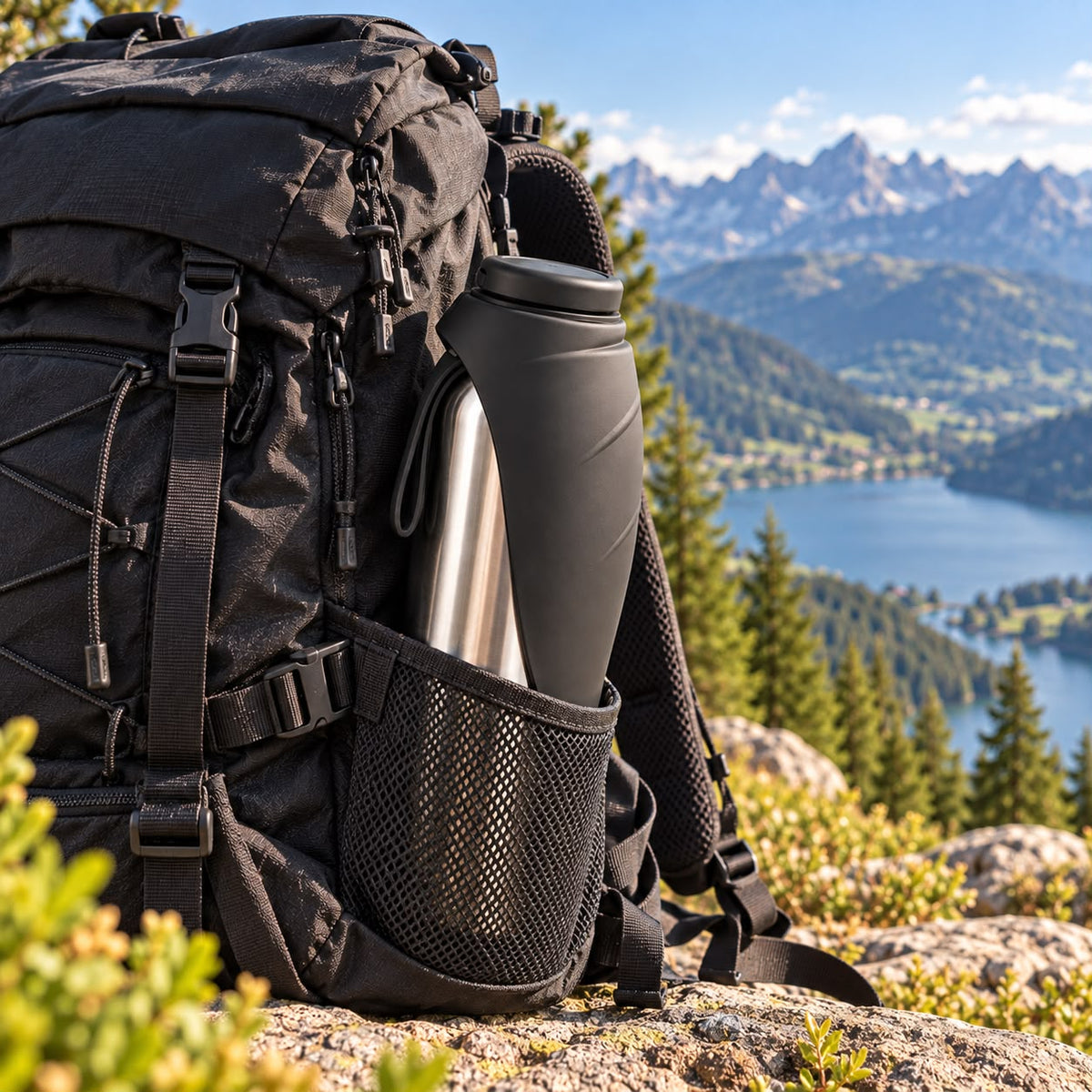 Gourde inox Truffe & Co dans la poche d'un sac à dos de randonnée en montagne