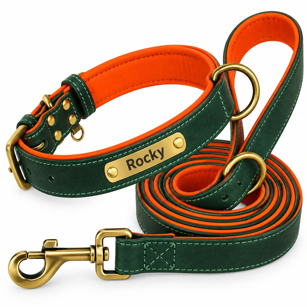 Set collier et laisse en cuir vert Truffe & Co